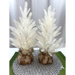 Vintage Small Artificial White Christmas Trees Plastic Branches in Faux Fur Base